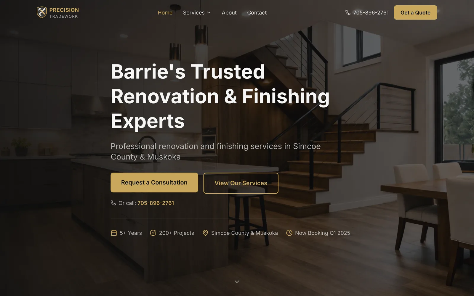 The Precision Tradework homepage, showing a renovated kitchen behind the headline Barrie's Trusted Renovation and Finishing Experts